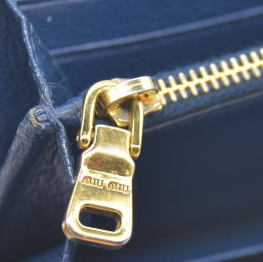 MIU MIU Logo Madras Leather Long Bifold Wallet Blue