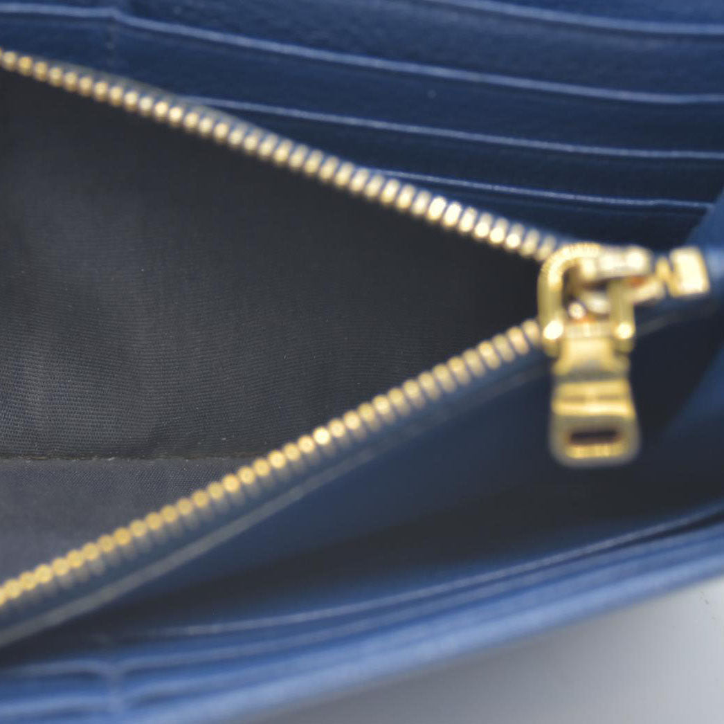 MIU MIU Logo Madras Leather Long Bifold Wallet Blue