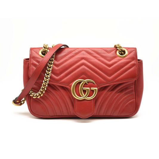 GUCCI Calfskin Matelasse Mini GG Marmont Shoulder Bag Hibiscus Red