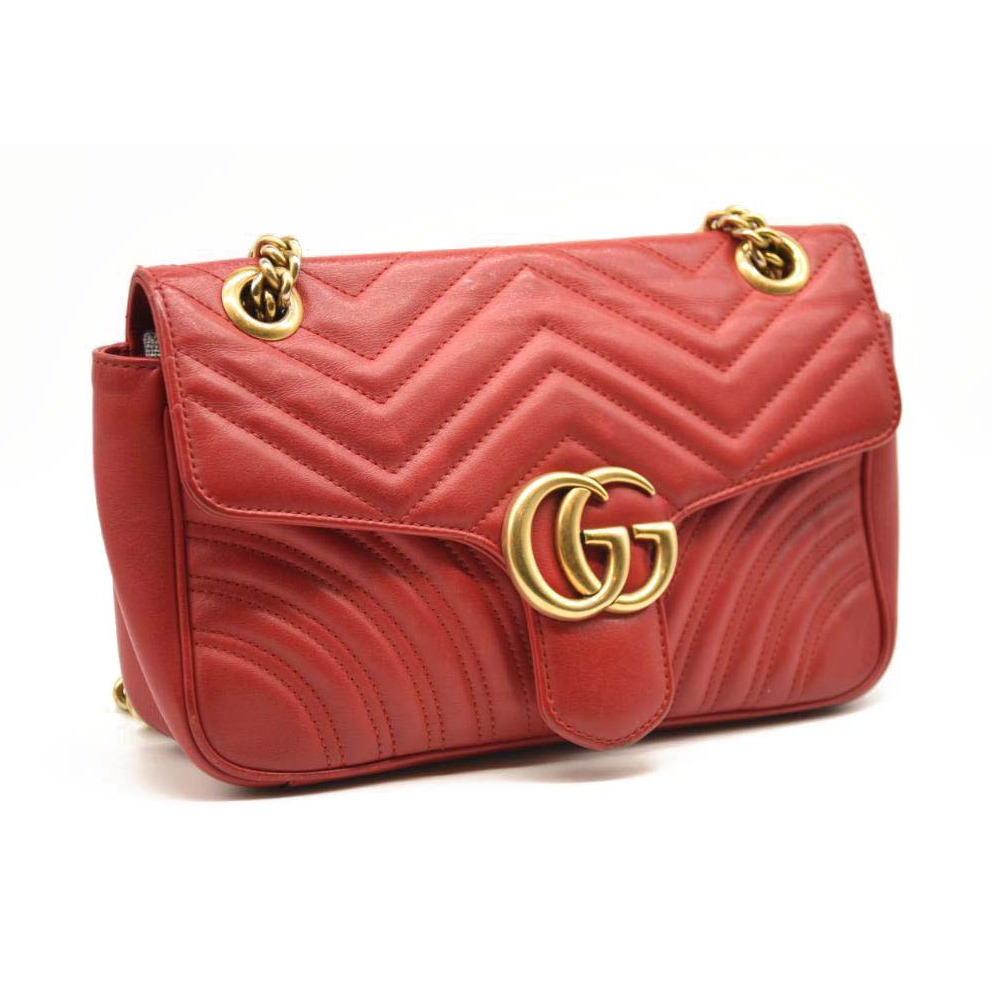 GUCCI Calfskin Matelasse Mini GG Marmont Shoulder Bag Hibiscus Red