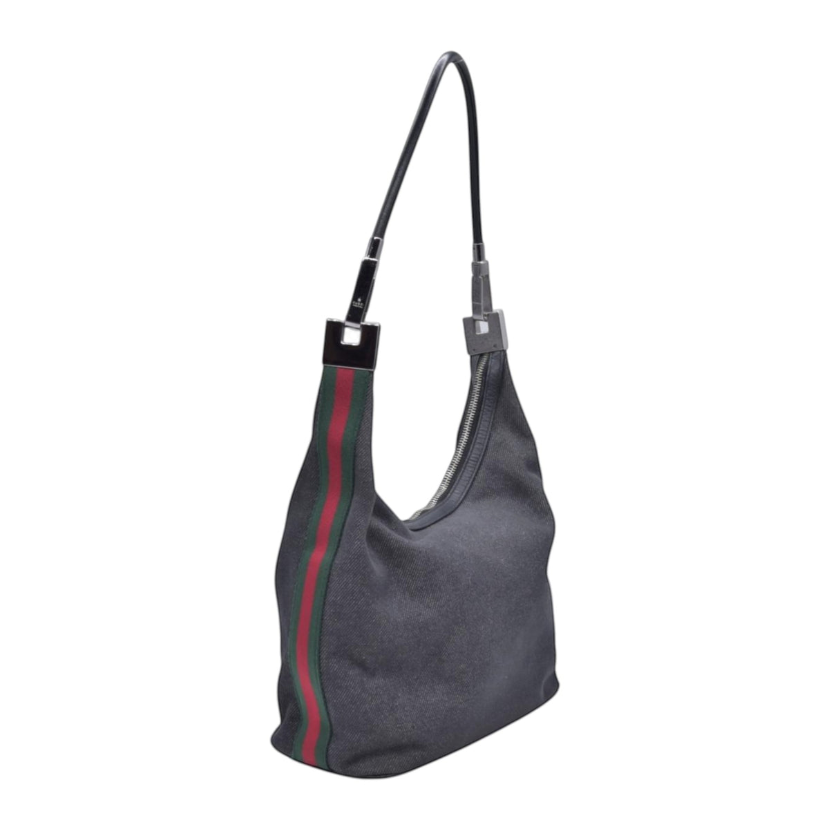 $950 GUCCI Denim Web Shoulder Bag Black CONSIGNMENT 10021242