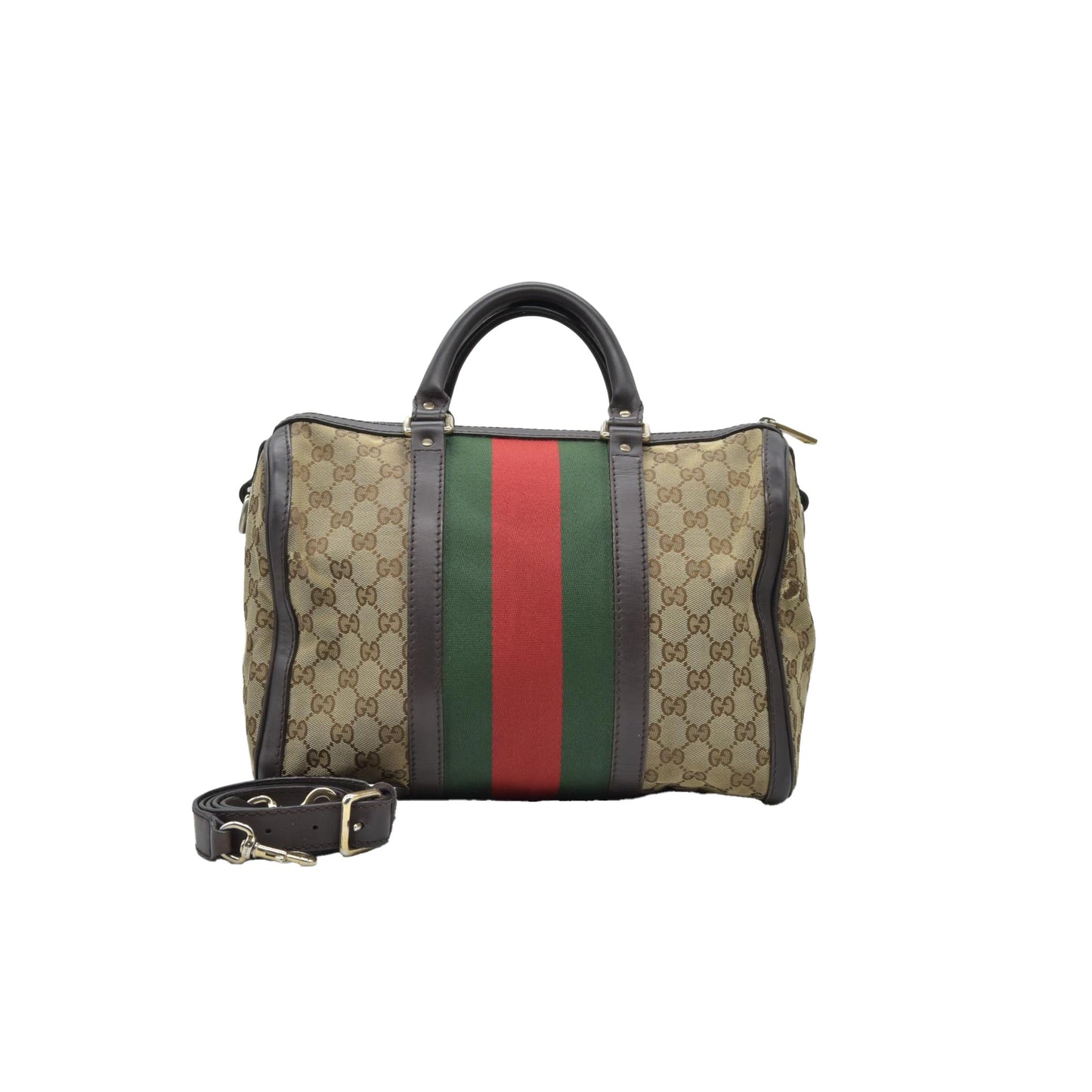 $1350 Gucci Monogram Selleria Calfskin Vintage Web Medium Boston Dark Brown