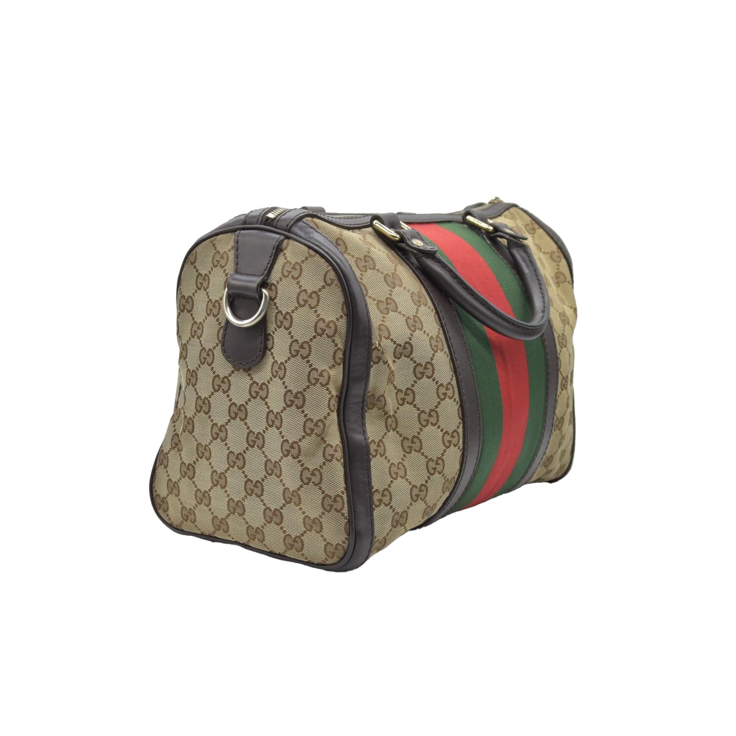 $1350 Gucci Monogram Selleria Calfskin Vintage Web Medium Boston Dark Brown