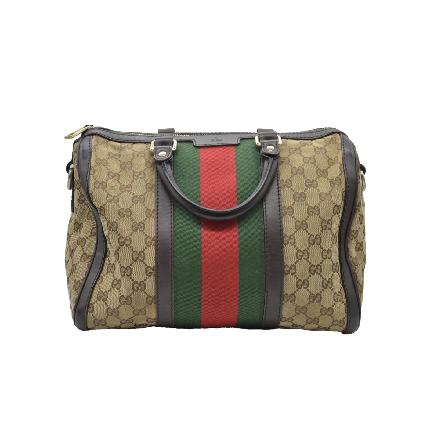 $1350 Gucci Monogram Selleria Calfskin Vintage Web Medium Boston Dark Brown