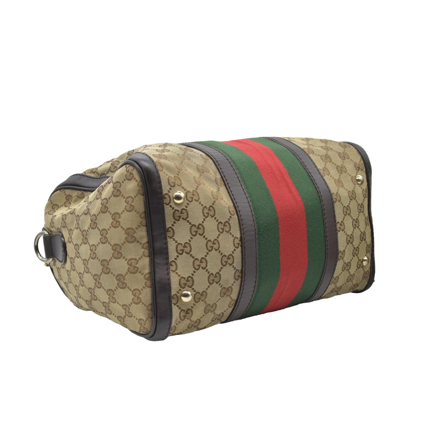 $1350 Gucci Monogram Selleria Calfskin Vintage Web Medium Boston Dark Brown