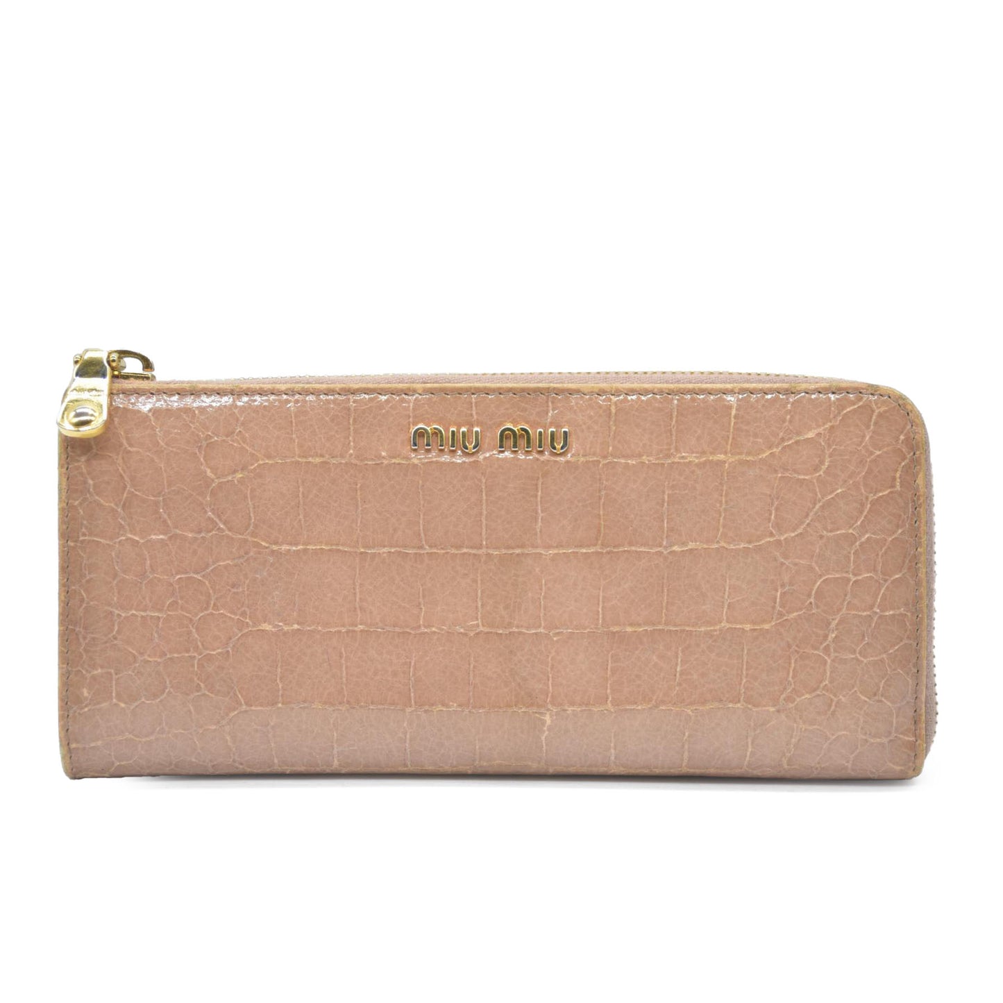MIU MIU Logo Embossed Leather Zippy Long Wallet Beige