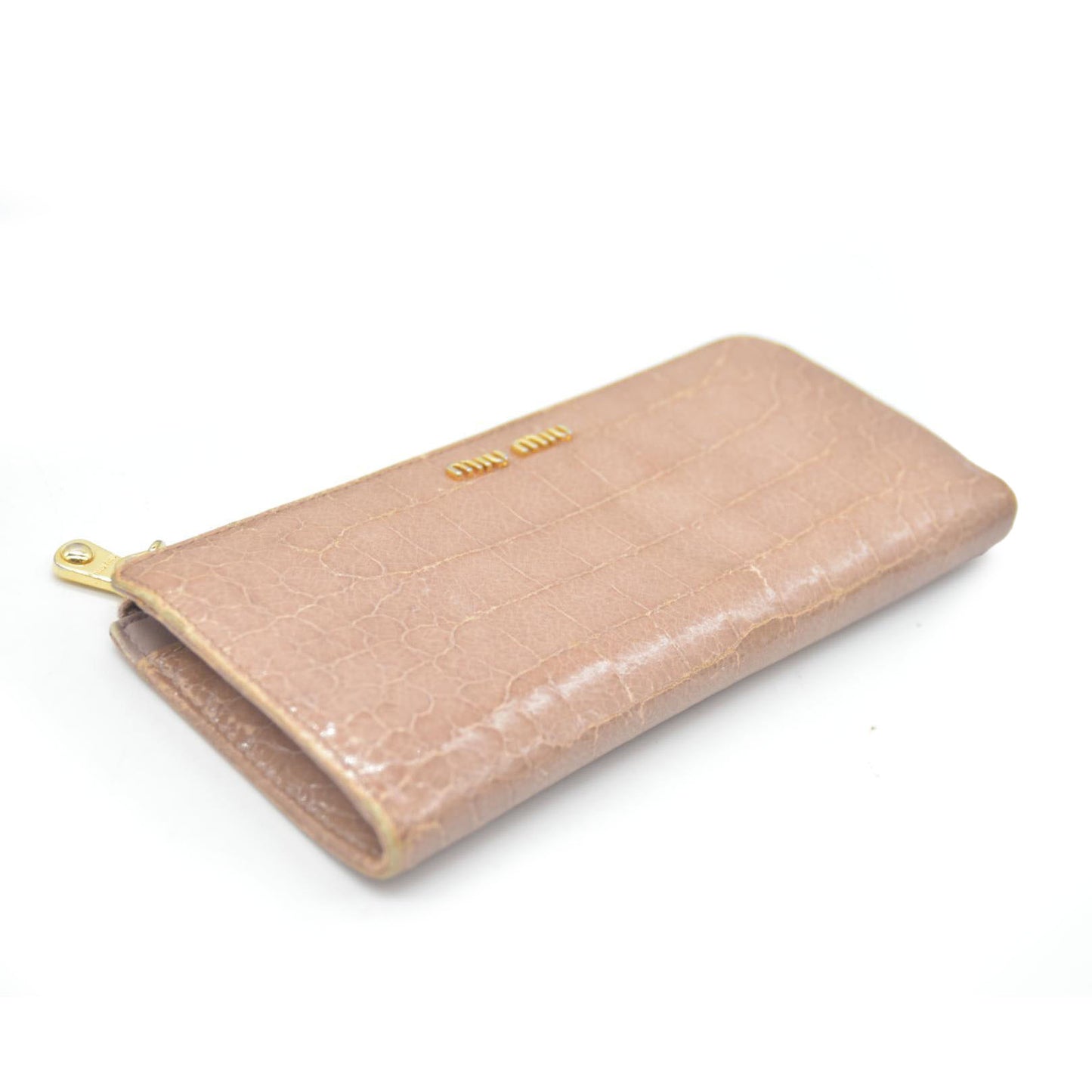 MIU MIU Logo Embossed Leather Zippy Long Wallet Beige