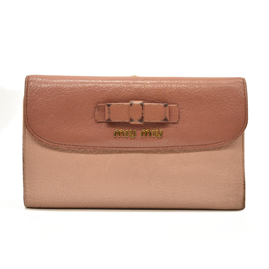 MIU MIU Logo Ribbon Madras Leather Long Trifold Wallet Bicolor