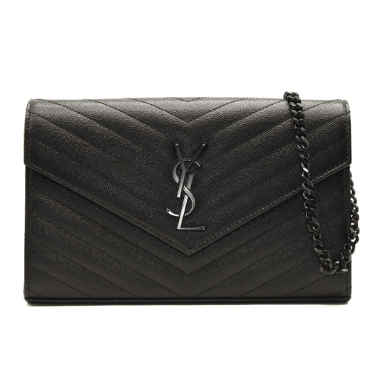 NEW SAINT LAURENT Grain De Poudre Matelasse Chevron Monogram Envelope Chain Wallet Black