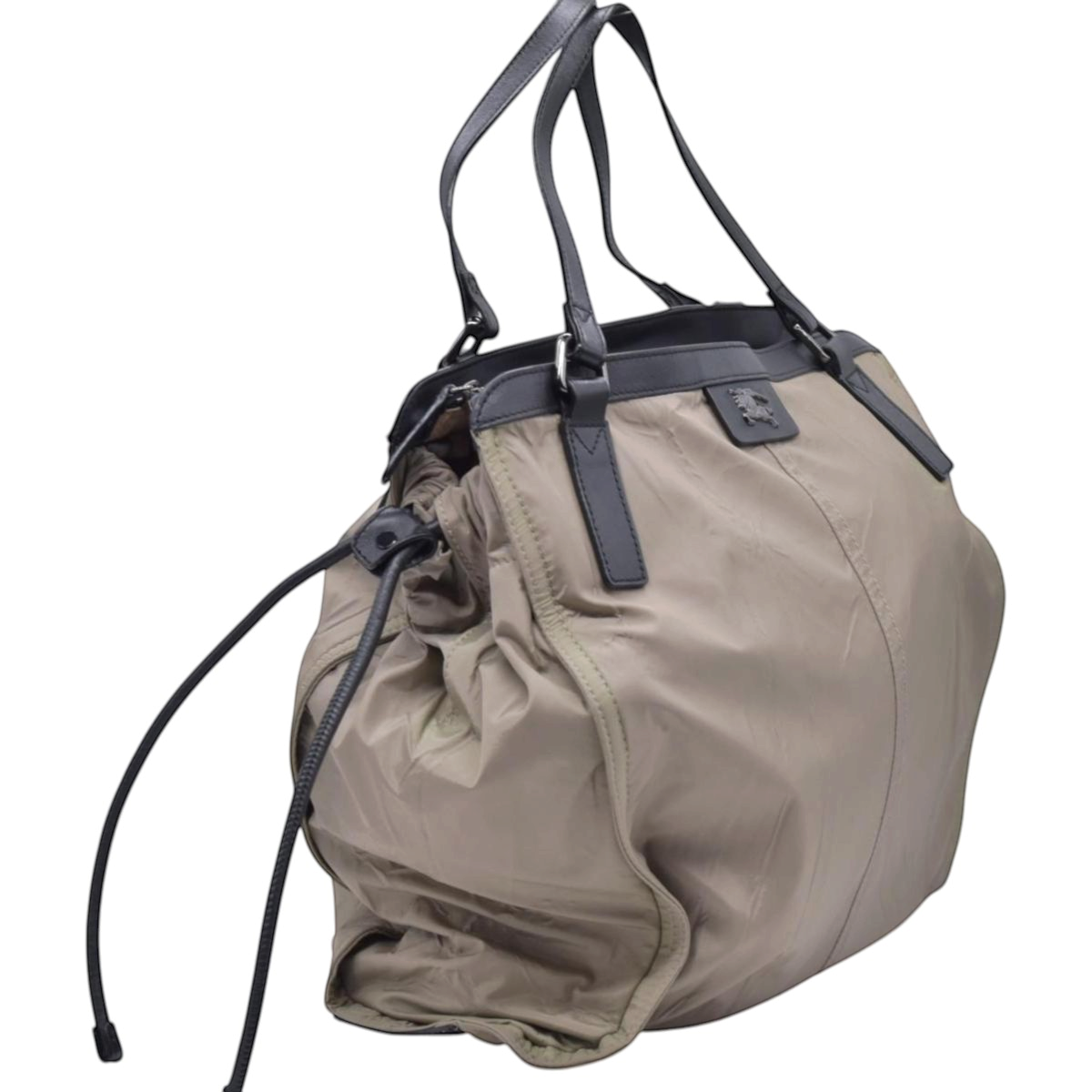 $1050 BURBERRY Nylon & Leather Drawstring Knight Emblem Tote Bag Beige Dark Brown CONSIGNMENT 10021354