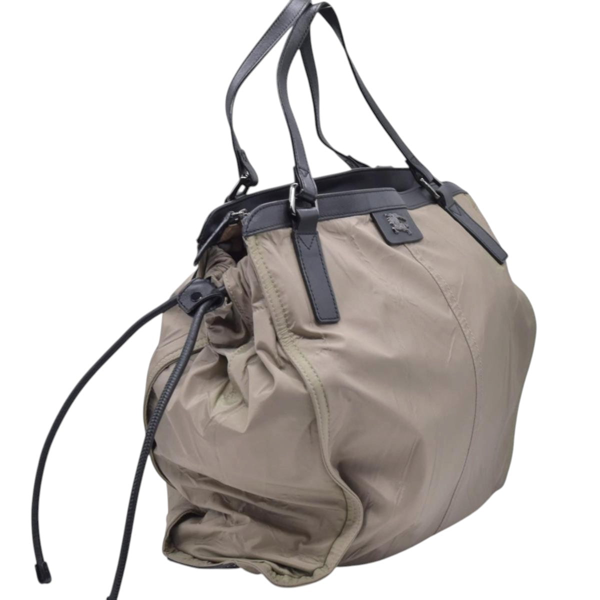$1050 BURBERRY Nylon & Leather Drawstring Knight Emblem Tote Bag Beige Dark Brown CONSIGNMENT 10021354