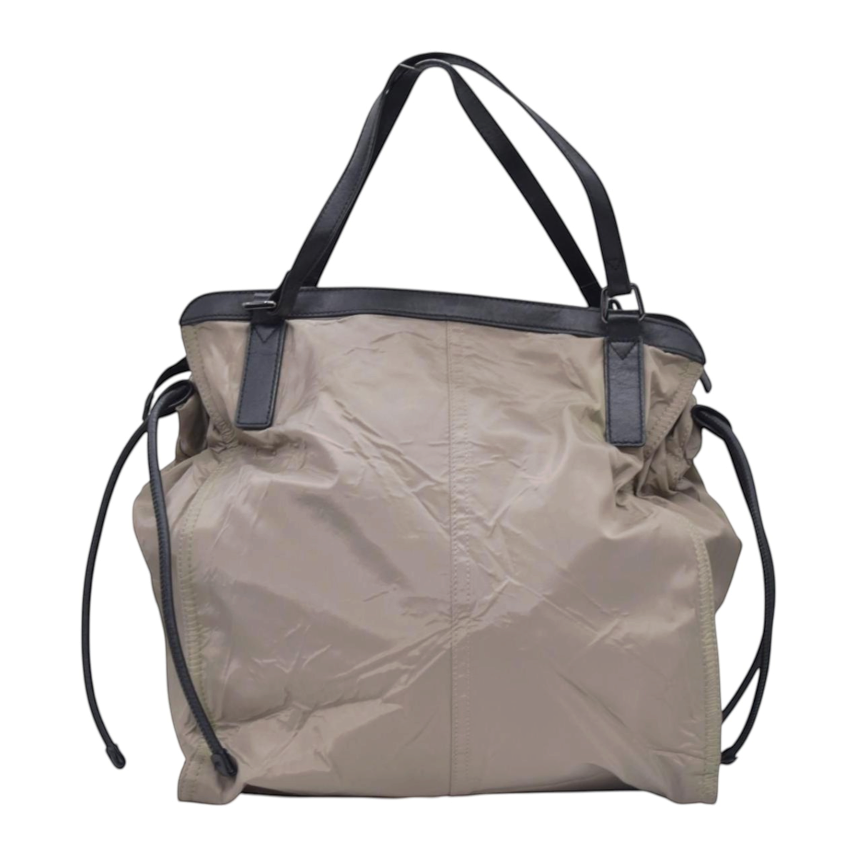 $1050 BURBERRY Nylon & Leather Drawstring Knight Emblem Tote Bag Beige Dark Brown CONSIGNMENT 10021354