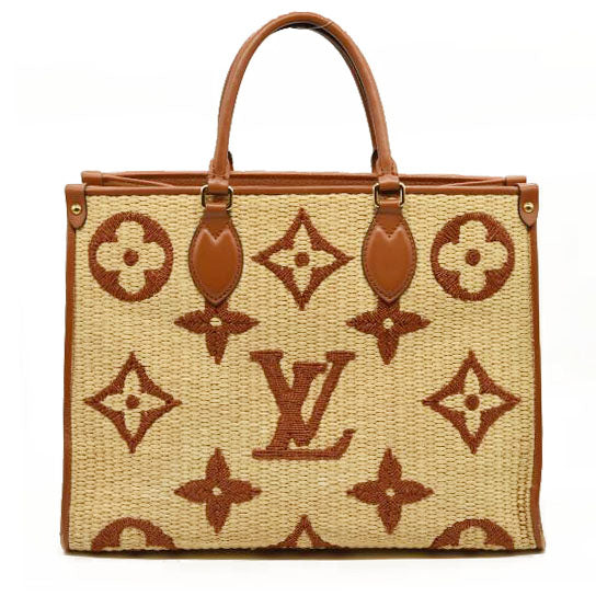 LOUIS VUITTON Raffia Calfskin Monogram Giant Onthego MM Tan