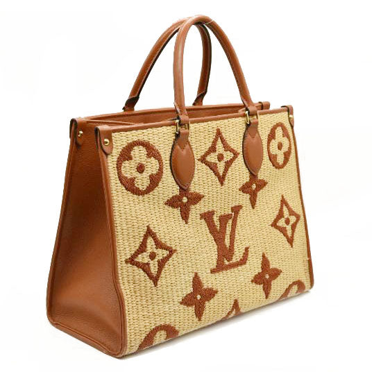 LOUIS VUITTON Raffia Calfskin Monogram Giant Onthego MM Tan