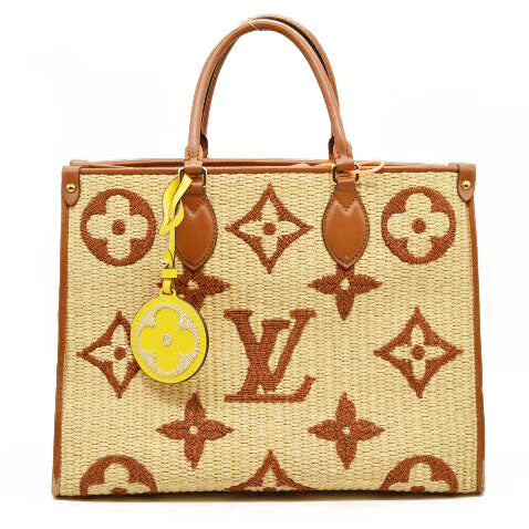 LOUIS VUITTON Raffia Calfskin Monogram Giant Onthego MM Tan