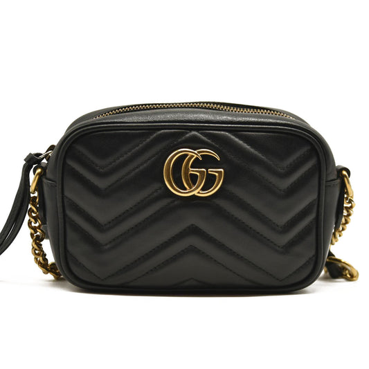 GUCCI Calfskin Matelasse Small GG Marmont Chain Shoulder Bag Black