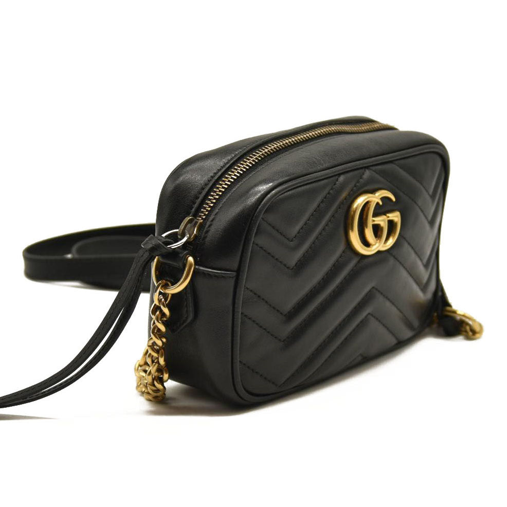 GUCCI Calfskin Matelasse Small GG Marmont Chain Shoulder Bag Black