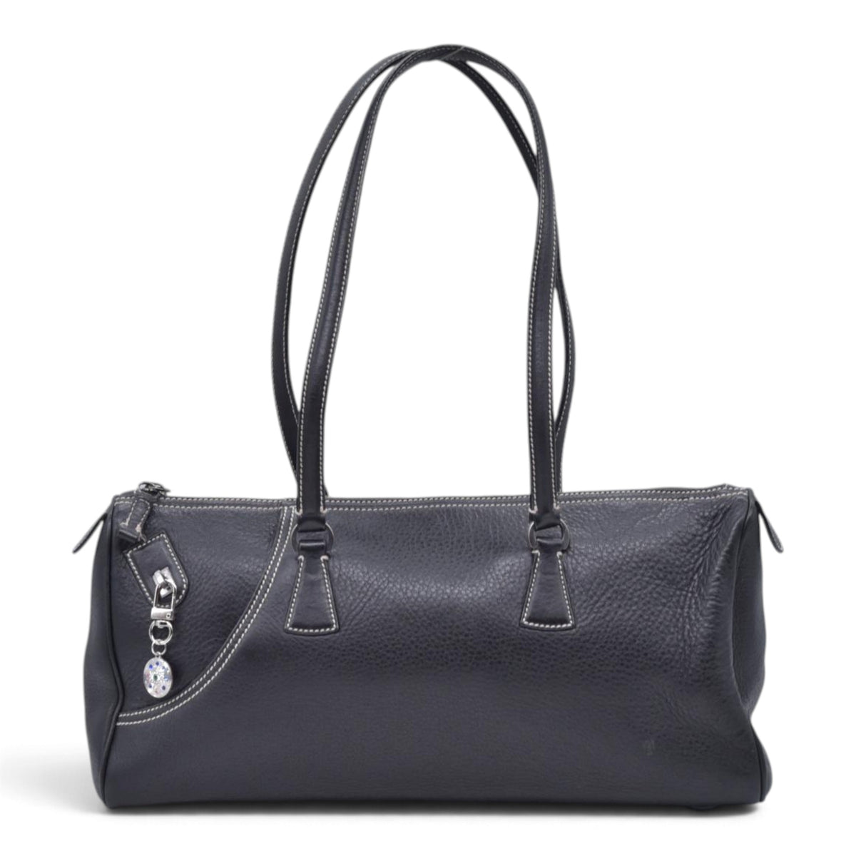 $1050 SALVATORE FERRAGAMO Pebbled Leather Charm Detail East West Tote Bag Black CONSIGNMENT 10021245