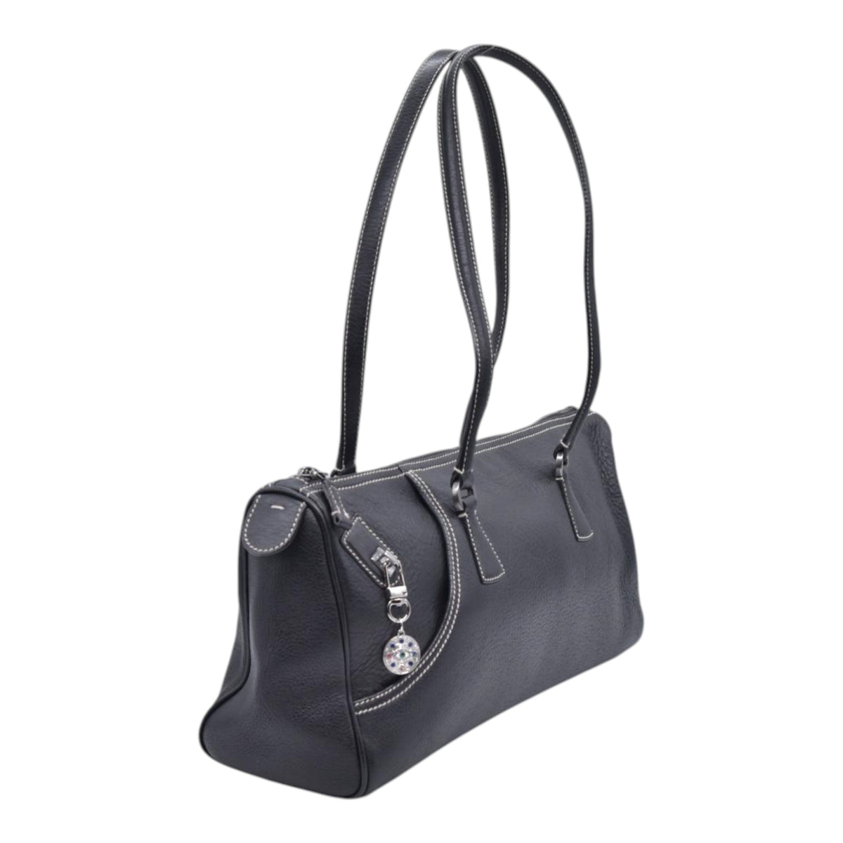 $1050 SALVATORE FERRAGAMO Pebbled Leather Charm Detail East West Tote Bag Black CONSIGNMENT 10021245