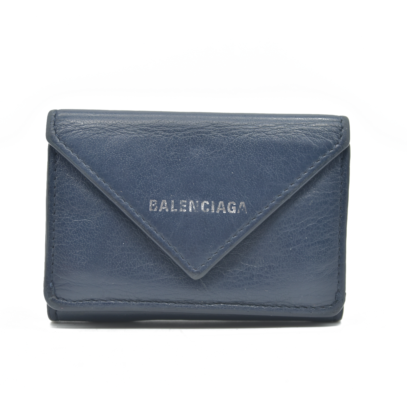 $530 BALENCIAGA Everyday Mini Papier Leather Trifold Wallet Blue