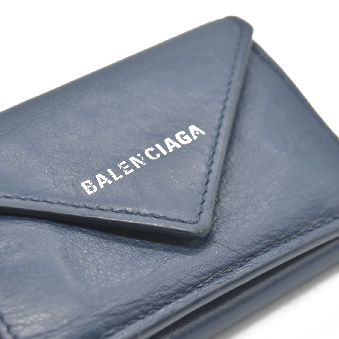 $530 BALENCIAGA Everyday Mini Papier Leather Trifold Wallet Blue