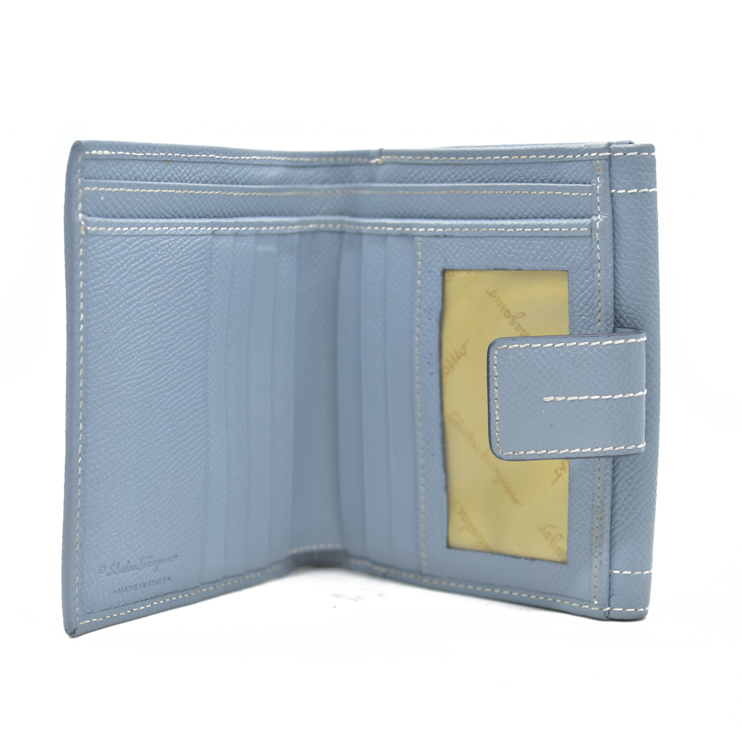 $495 Salvatore Ferragamo Gancini Blue Trifold Wallet