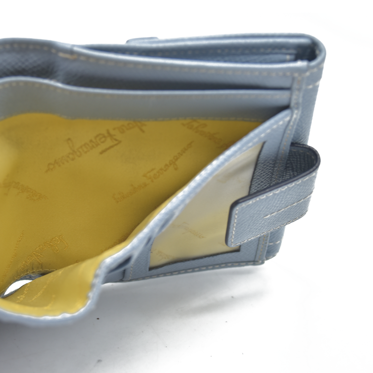 $495 Salvatore Ferragamo Gancini Blue Trifold Wallet