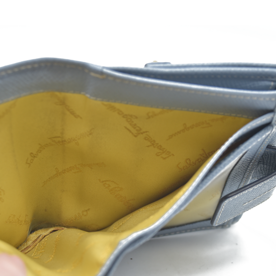 $495 Salvatore Ferragamo Gancini Blue Trifold Wallet