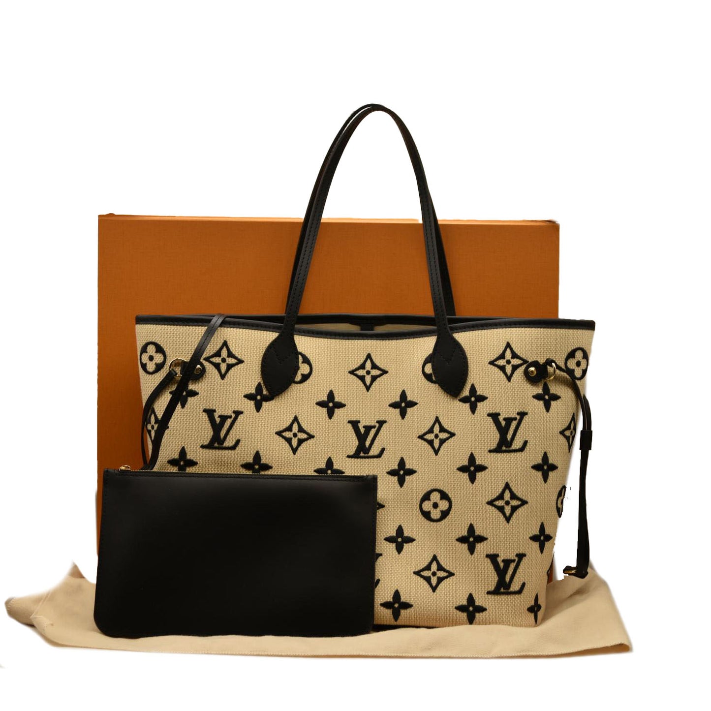 LOUIS VUITTON  Cotton Monogram Embroidered Neverfull MM Beige Black RFID