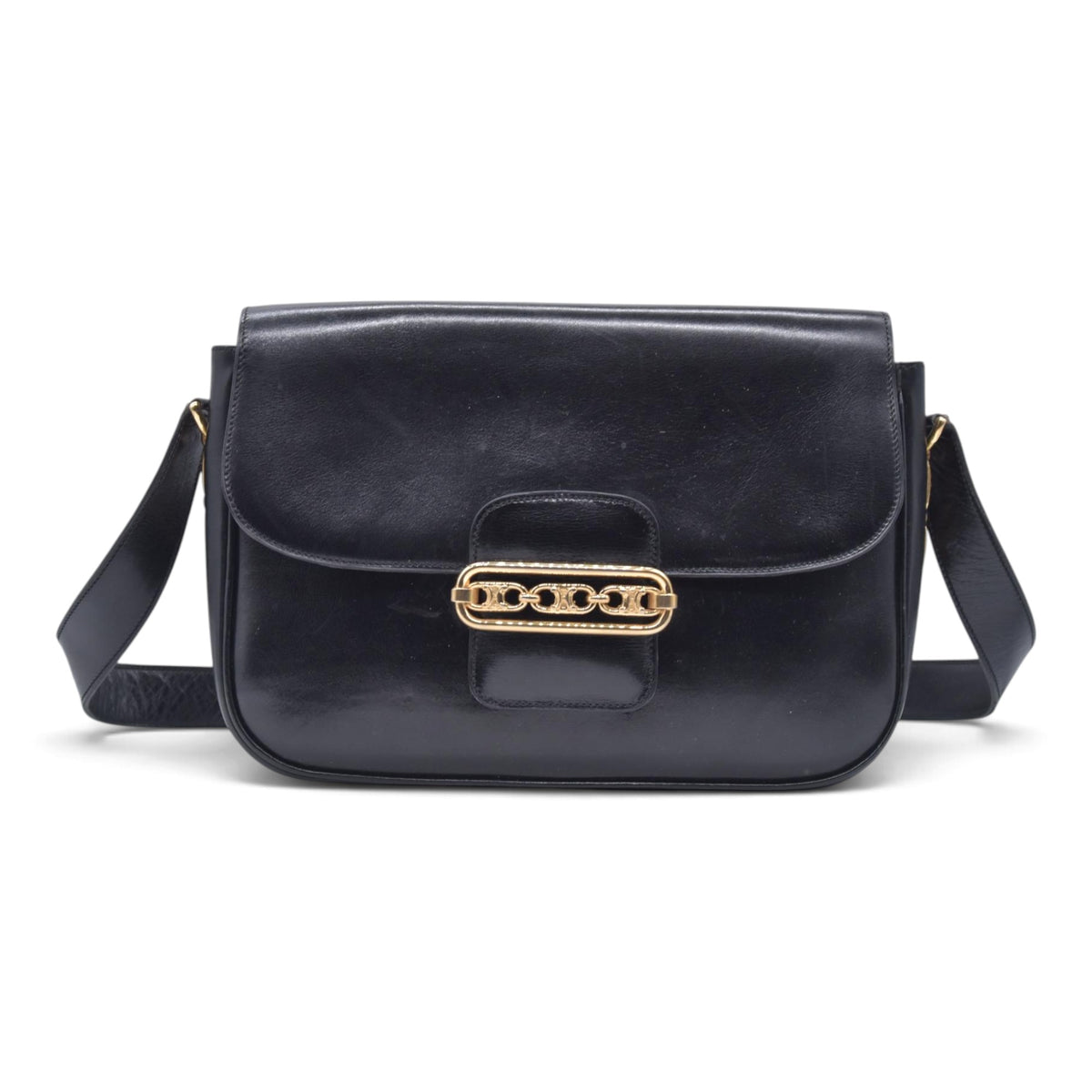 $1850 CELINE Vintage Box Calfskin Triomphe Chain Flap Shoulder Bag Black CONSIGNMENT 10021246