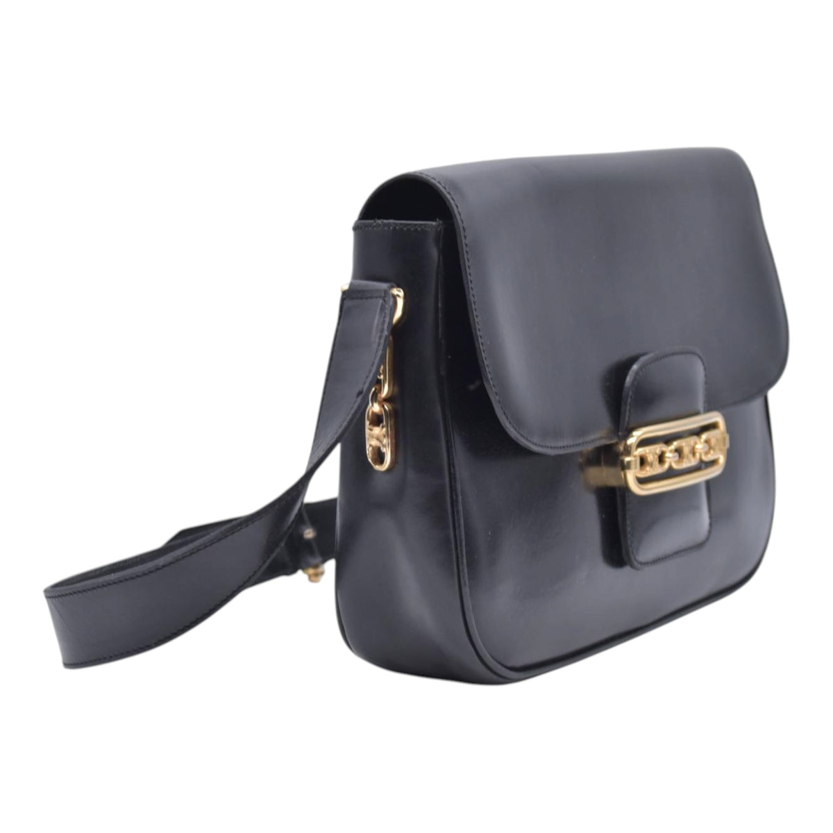 $1850 CELINE Vintage Box Calfskin Triomphe Chain Flap Shoulder Bag Black CONSIGNMENT 10021246