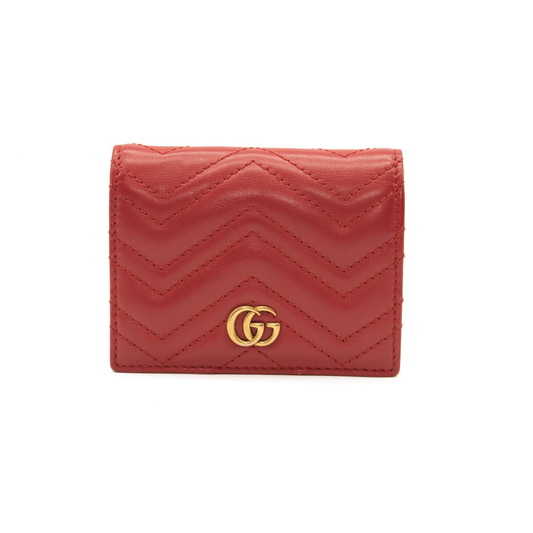 Gucci Calfskin Matelasse GG Marmont Card Case Wallet Hibiscus Red