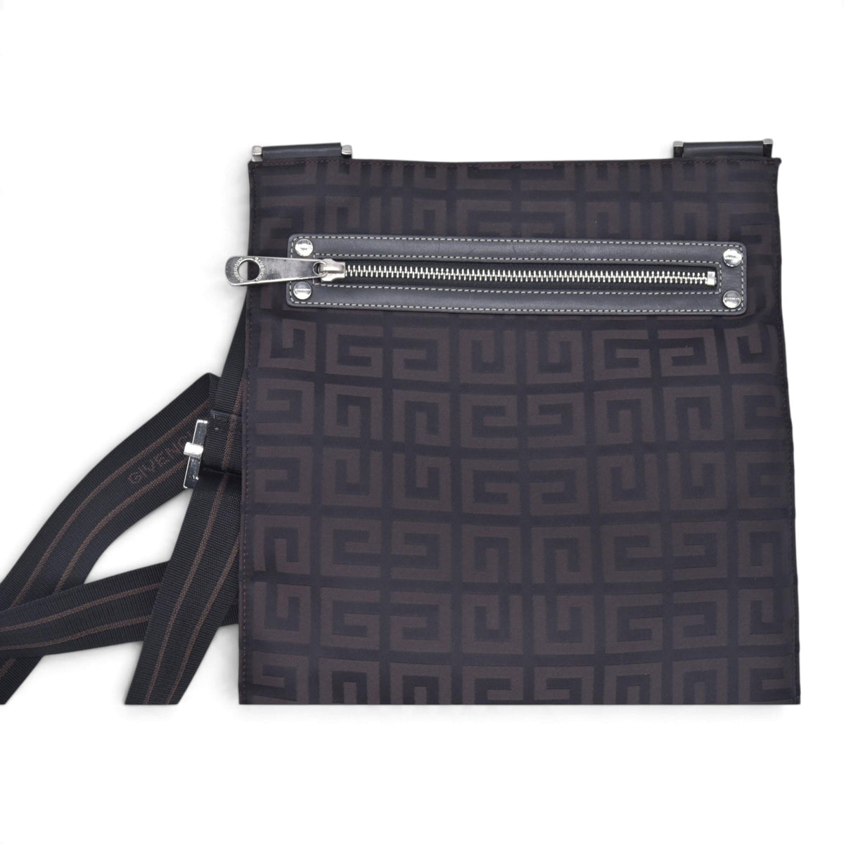 $750 GIVENCHY 4G Logo Jacquard Zip Front Flat Crossbody Bag Dark Brown CONSIGNMENT 10021200