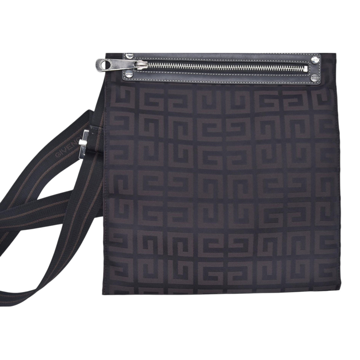 $750 GIVENCHY 4G Logo Jacquard Zip Front Flat Crossbody Bag Dark Brown CONSIGNMENT 10021200