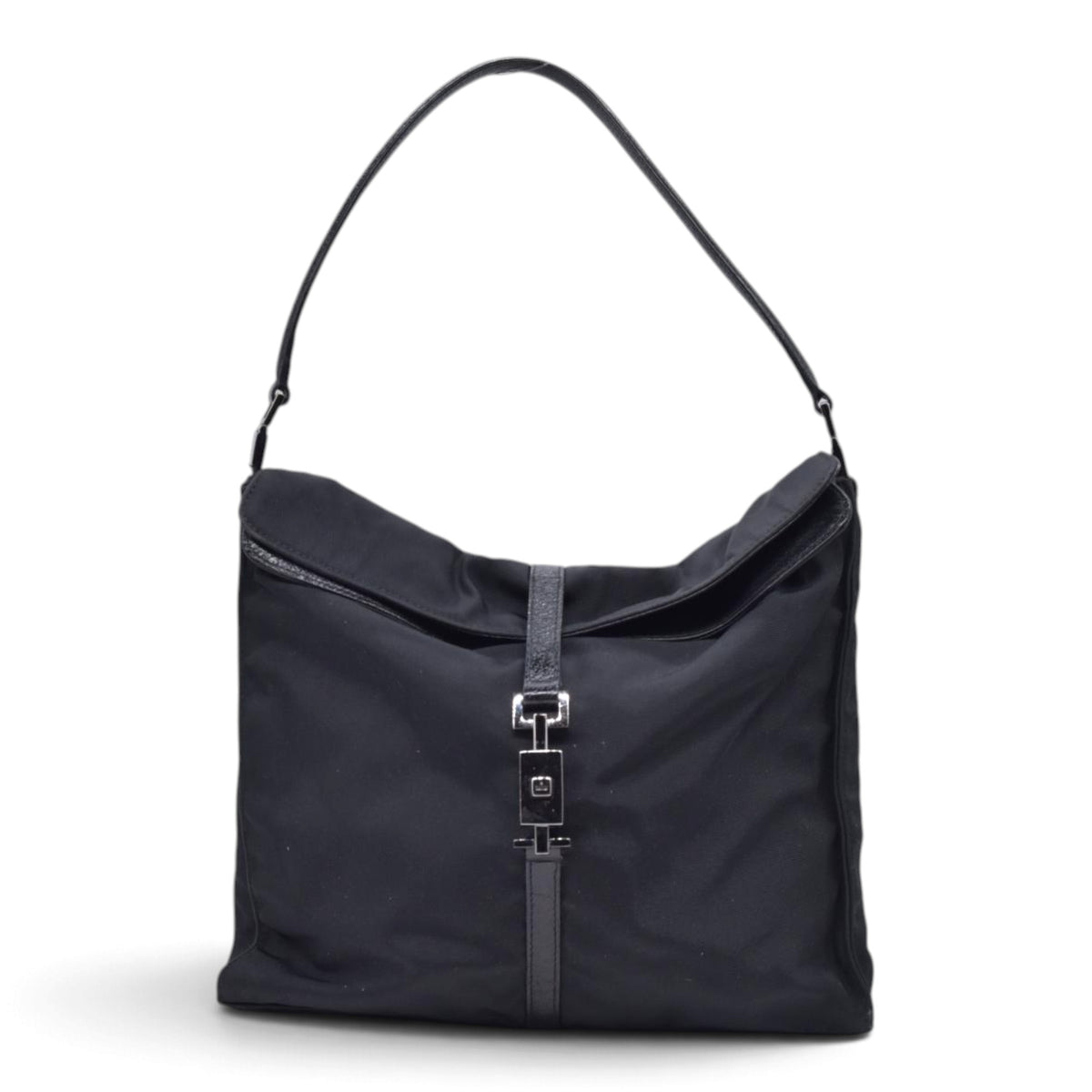 $980 GUCCI Nylon Jacky Piston Lock Shoulder Bag Black CONSIGNMENT 10021239