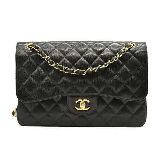 CHANEL Caviar Quilted Jumbo Double Flap Black  20*