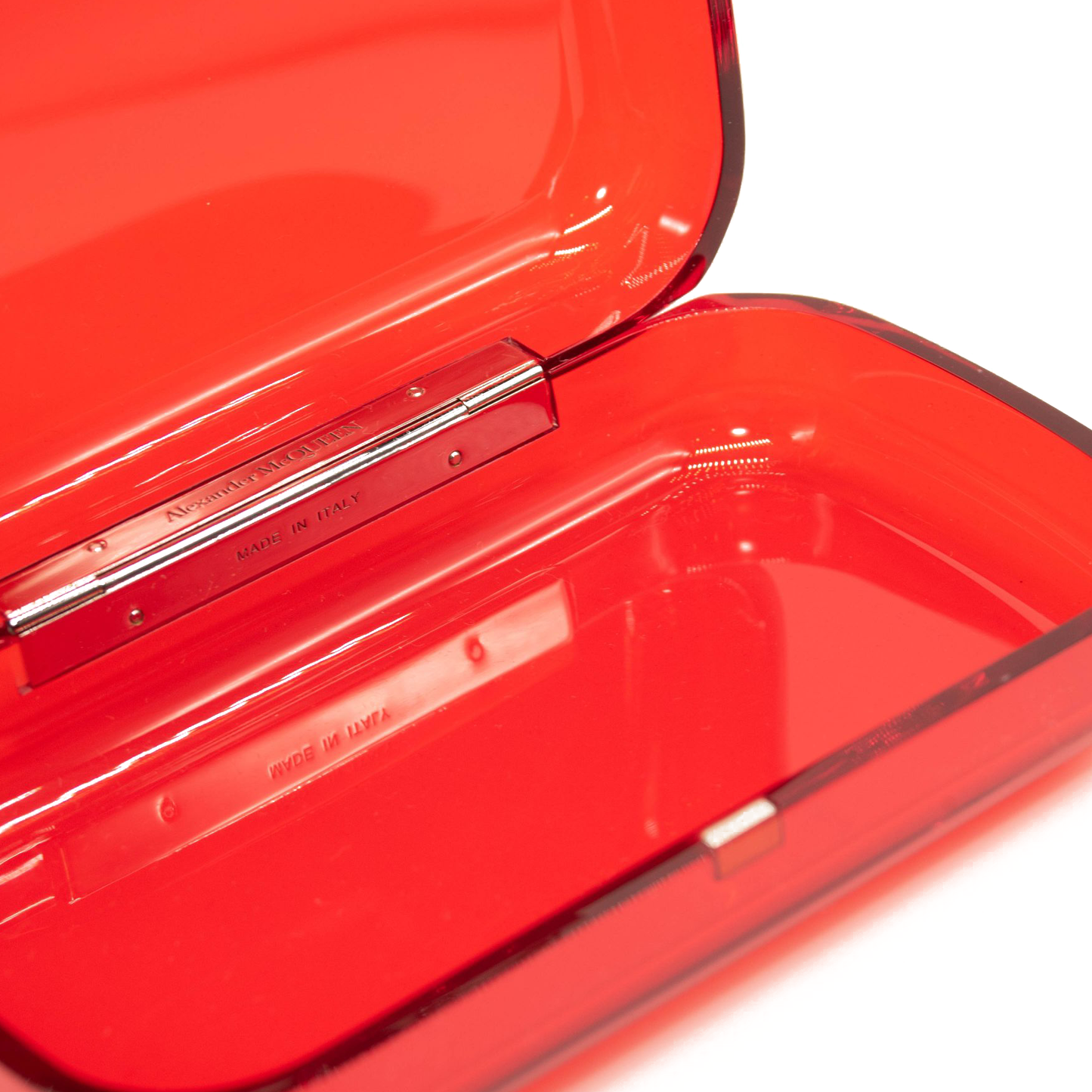 NEW Alexander McQueen Four-Ring Clear Box Clutch Dark Coral Red