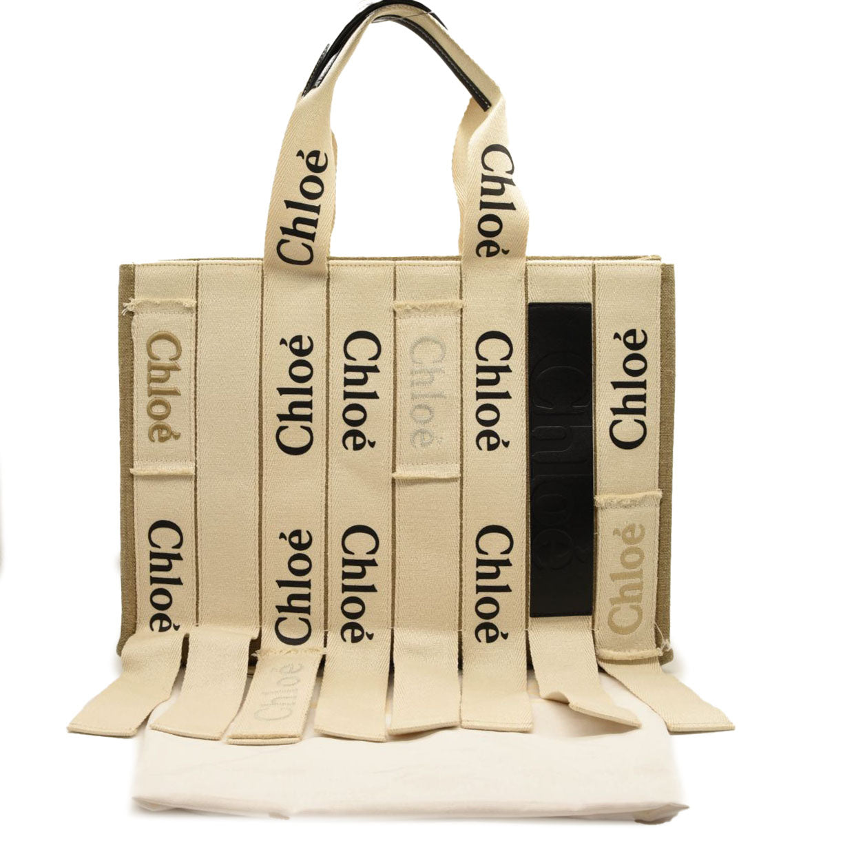 $1950 CHLOE Cotton Canvas Calfskin Large Woody Logo Ribbon Tote Sand