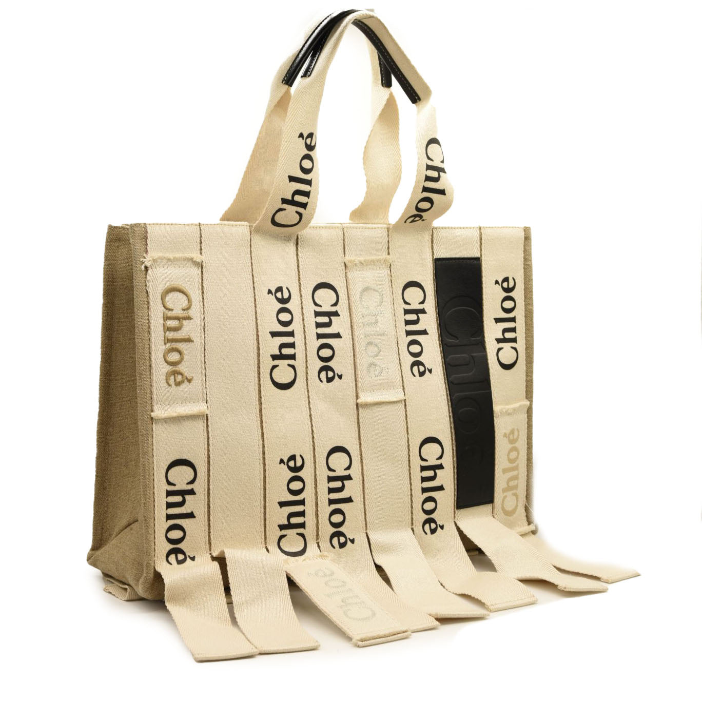 $1950 CHLOE Cotton Canvas Calfskin Large Woody Logo Ribbon Tote Sand