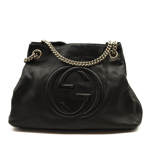 GUCCI Pebbled Calfskin Medium Soho Chain Shoulder Bag Black