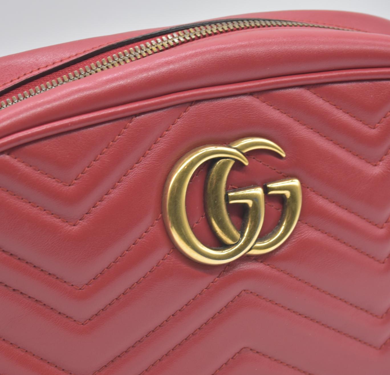 $1950 Gucci Calfskin Matelasse Small GG Marmont Chain Shoulder Bag Hibiscus Red Crossbody