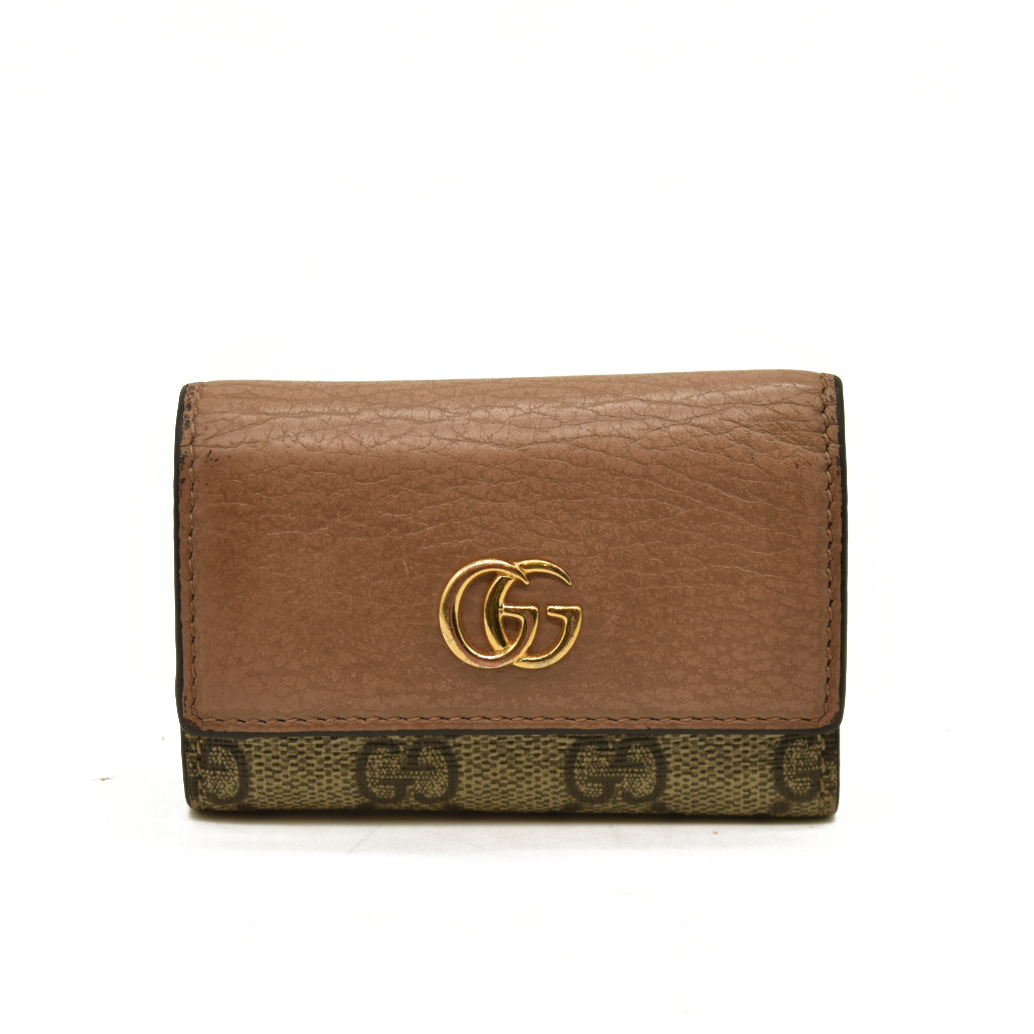 Gucci  Dollar Calfskin GG Supreme Monogram GG Marmont 6 Key Holder Case Porcelain Rose Beige Ebony