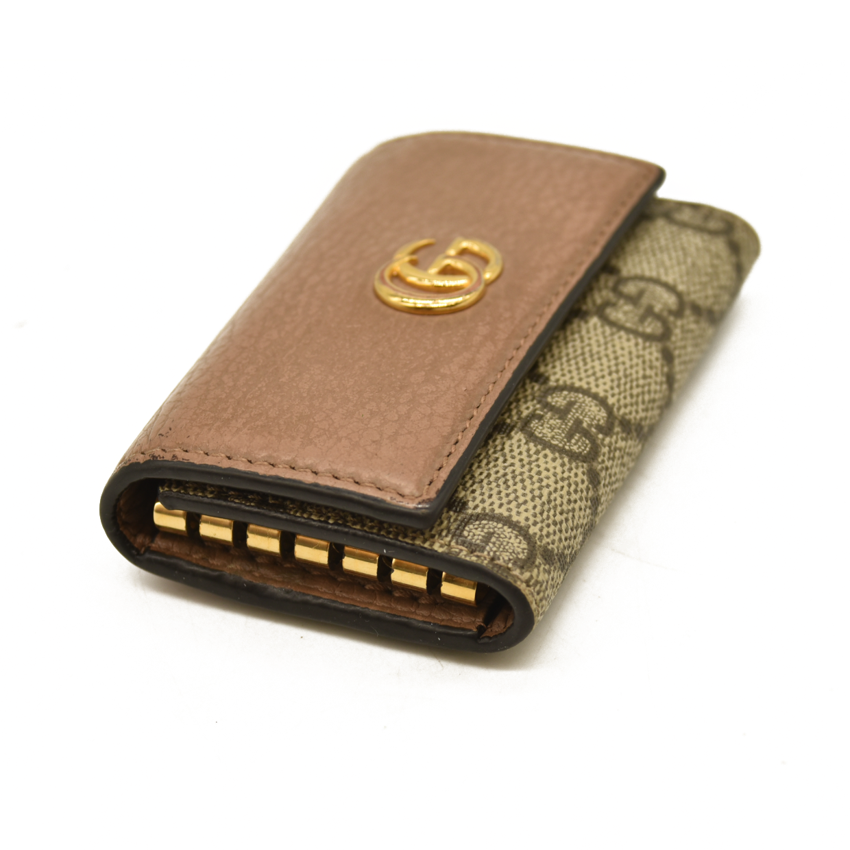 Gucci  Dollar Calfskin GG Supreme Monogram GG Marmont 6 Key Holder Case Porcelain Rose Beige Ebony