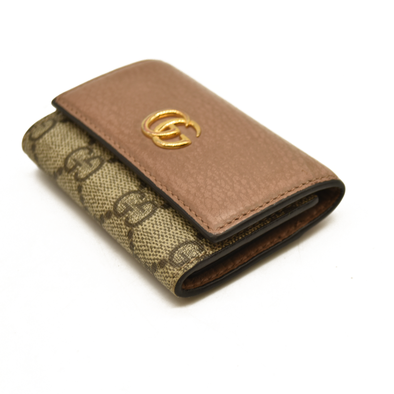 Gucci  Dollar Calfskin GG Supreme Monogram GG Marmont 6 Key Holder Case Porcelain Rose Beige Ebony