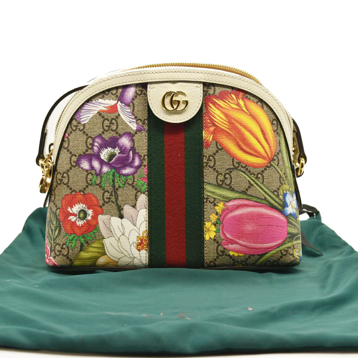 Gucci GG Supreme Monogram Flora Web GG Small Ophidia Dome Shoulder Bag White