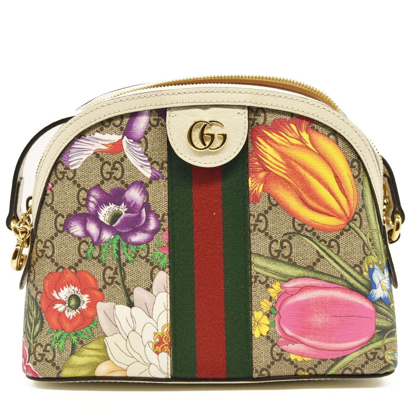 Gucci GG Supreme Monogram Flora Web GG Small Ophidia Dome Shoulder Bag White