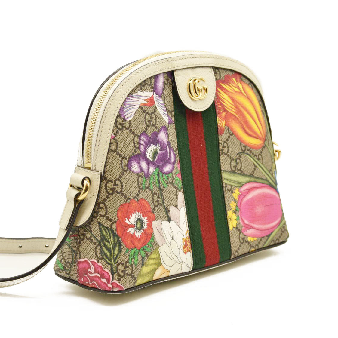 Gucci GG Supreme Monogram Flora Web GG Small Ophidia Dome Shoulder Bag White