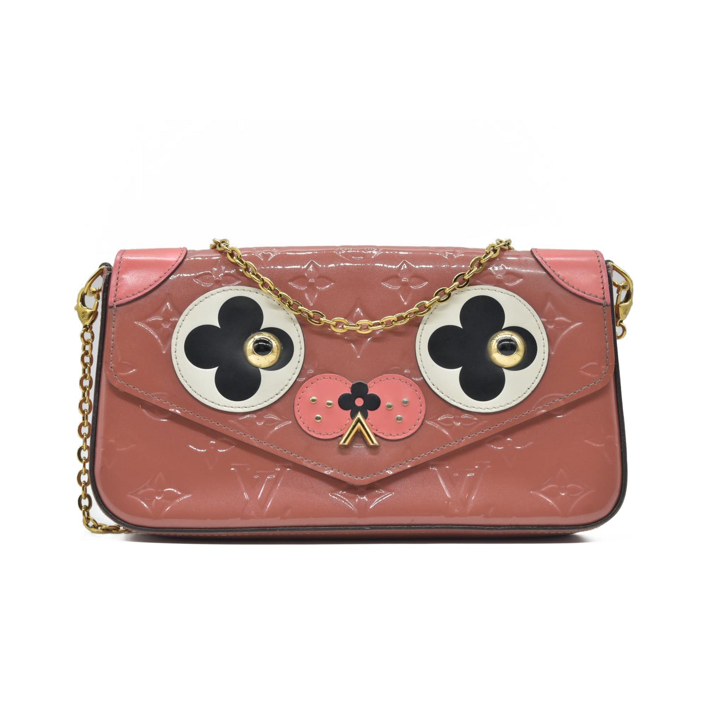 $1460 2018 Louis Vuitton Vernis Valentine Dog Pochette Felicie Chain Wallet Pink TJ0148