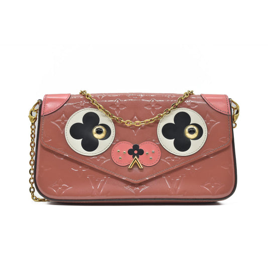 $1460 2018 Louis Vuitton Vernis Valentine Dog Pochette Felicie Chain Wallet Pink TJ0148