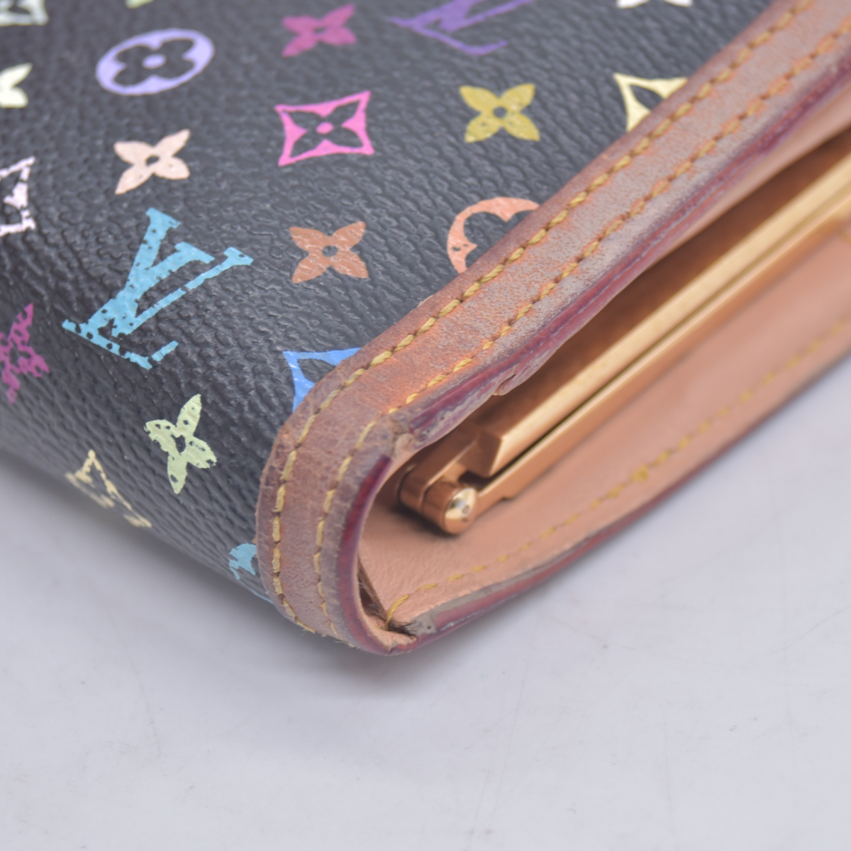 $790 2005 Louis Vuitton Monogram Multicolor French Purse Wallet Black TH0095